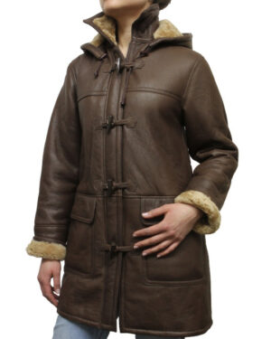 Women’s Brown Shearling Duffle Coat with Detachable Hood
