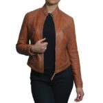 Women’s Slim Fit Nappa Leather Biker Jacket Zip Pockets & Stand Collar