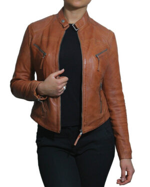Women’s Slim Fit Nappa Leather Biker Jacket Zip Pockets & Stand Collar