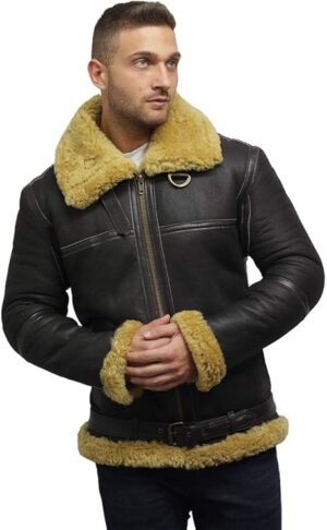 Men’s Sheepskin Flying Aviator Style Jacket with Ginger Fur Lining