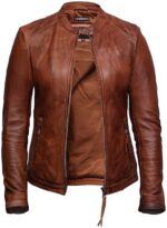 Women’s Tan Slim Fit Moto Jacket in Premium Genuine Leather Biker Jacket