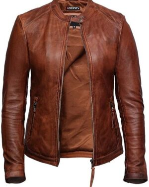 Women’s Tan Slim Fit Moto Jacket in Premium Genuine Leather Biker Jacket