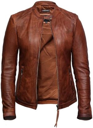 Women’s Tan Slim Fit Moto Jacket in Premium Genuine Leather Biker Jacket