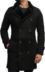 Men Luxury Spanish Merino Fur Sheepskin Belted Pea Coat