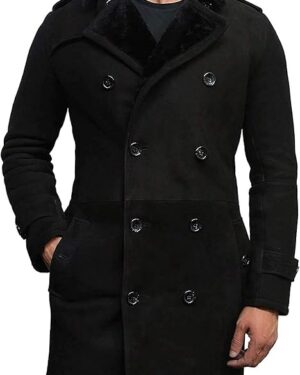 Men Luxury Spanish Merino Fur Sheepskin Belted Pea Coat