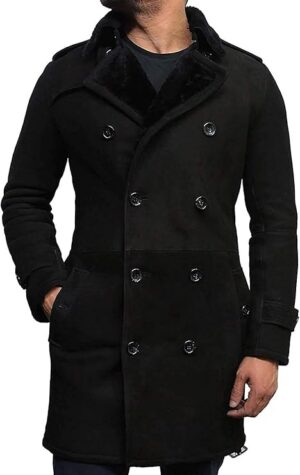 Men Luxury Spanish Merino Fur Sheepskin Belted Pea Coat