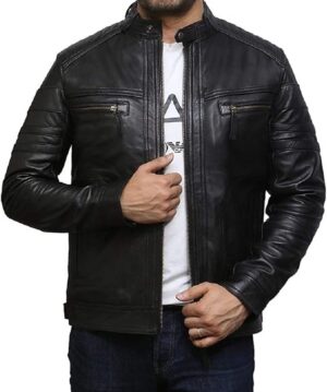 Mens Genuine Leather Biker Jacket Vintage