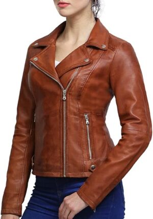 Women’s Tan Soft Nappa Leather Biker Jacket