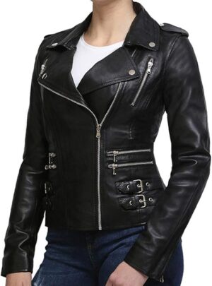 Women’s Asymmetric Moto Style in Soft Sheepskin Leather Biker Jacket