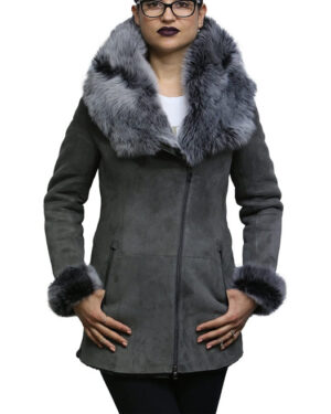Women’s Grey Suede Hooded Sheepskin Coat