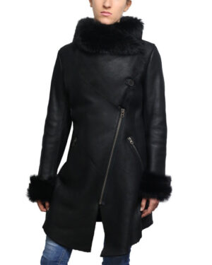 Women’s Black Merino Shearling Coat with Toscana Fur Collar