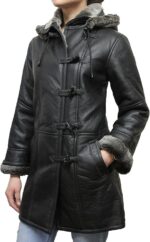 Women’s Black Toscana Shearling Duffle Coat with Detachable Hood