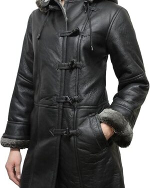 Women’s Black Toscana Shearling Duffle Coat with Detachable Hood