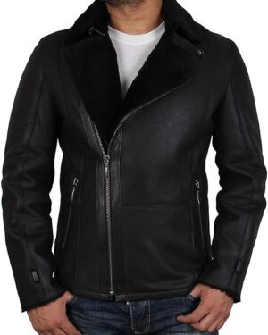 Men’s Luxury Merino Shearling Aviator Style Sheepskin Biker Jacket