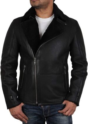 Men’s Luxury Merino Shearling Aviator Style Sheepskin Biker Jacket