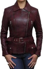 Women’s Slim Fit Longline Nappa Leather Biker Jacket with Asymmetric Zip