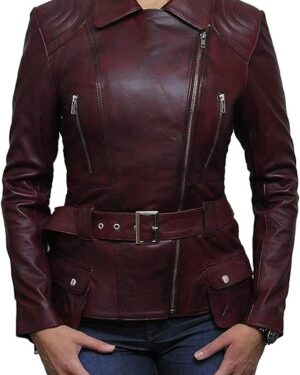 Women’s Slim Fit Longline Nappa Leather Biker Jacket with Asymmetric Zip