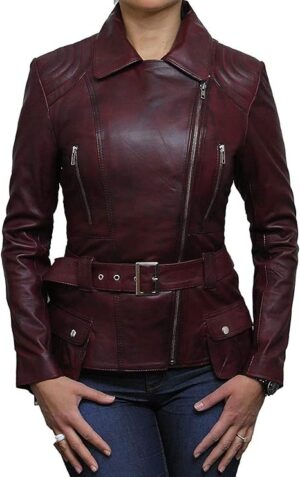 Women’s Slim Fit Longline Nappa Leather Biker Jacket with Asymmetric Zip