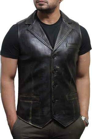 Men Vintage Smart Leather Waistcoat Designer Fit
