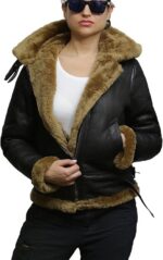 Women’s Brown Sheepskin Aviator Jacket with Detachable Hood