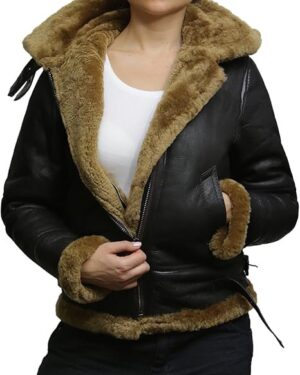 Women’s Brown Sheepskin Aviator Jacket with Detachable Hood