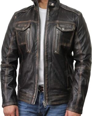 Men’s Vintage Black Leather Bomber Jacket
