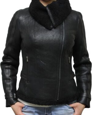 Women’s Luxury Sheepskin Coat with Soft Wool Fleece Toscana Shearling Biker Jacket