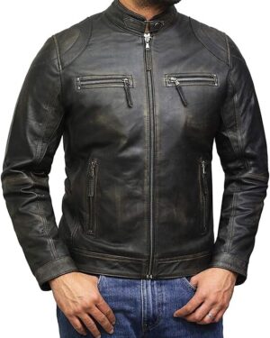 Men’s Vintage Lambskin Racing Style Leather Biker Jacket Slim Fit