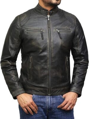 Men’s Vintage Lambskin Racing Style Leather Biker Jacket Slim Fit