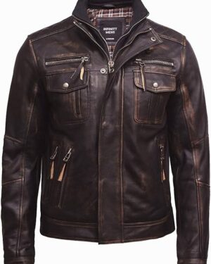 Men’s Vintage Crinkle Distressed Retro Biker Style Leather Jacket