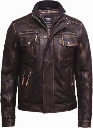 Men’s Vintage Crinkle Distressed Retro Biker Style Leather Jacket