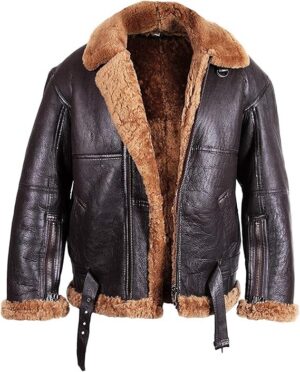Men’s Brown Sheepskin Flying Aviator Style Jacket with Ginger Fur Lining