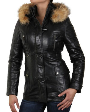 Women’s Classic Mid-Length Hooded Parka Nappa Leather Jacket