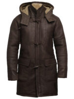 Men’s Premium Shearling Sheepskin Winter Coat with Hood Duffle Coat