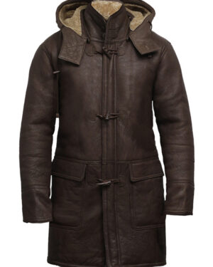 Men’s Premium Shearling Sheepskin Winter Coat with Hood Duffle Coat