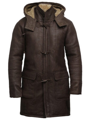 Men’s Premium Shearling Sheepskin Winter Coat with Hood Duffle Coat