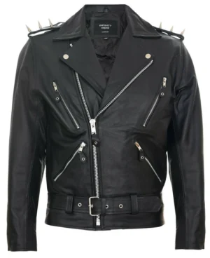 Men’s Black Leather Biker Jacket with Spikes