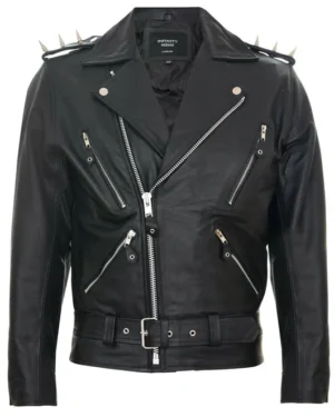 Men’s Black Leather Biker Jacket with Spikes